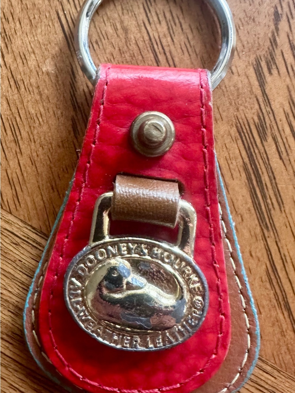 Dooney & Bourke Red and Tan Leather Key Fob with Metal Duck Emblem